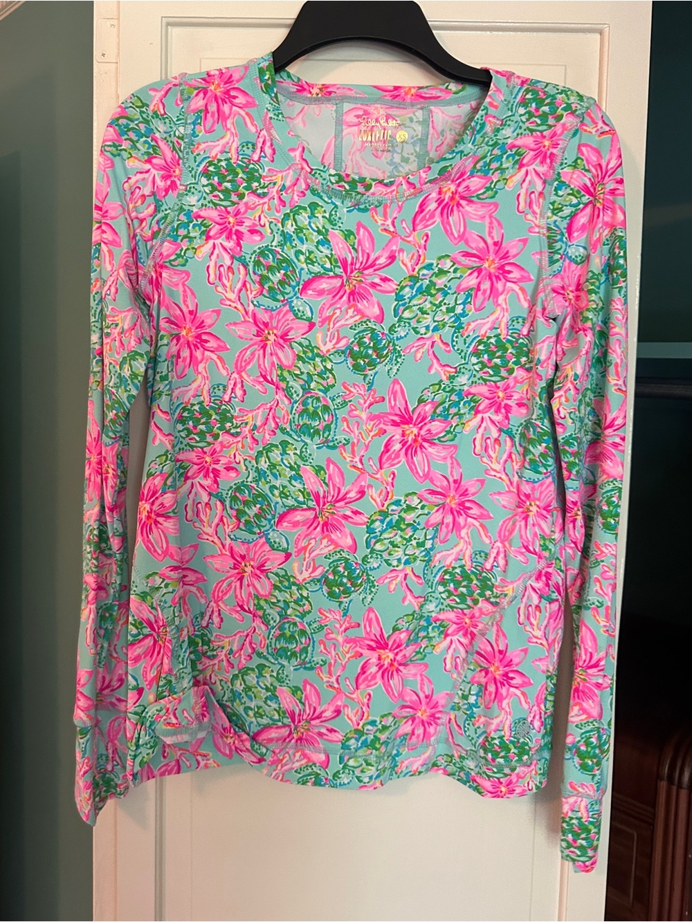 Lilly Pulitzer Aqua Long-Sleeve Floral Tee with Pink Flowers